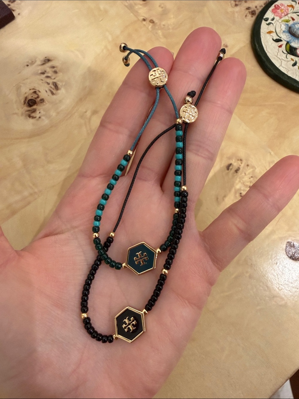 Tory Burch Black and Teal Beaded Logo Bracelet Set (2)